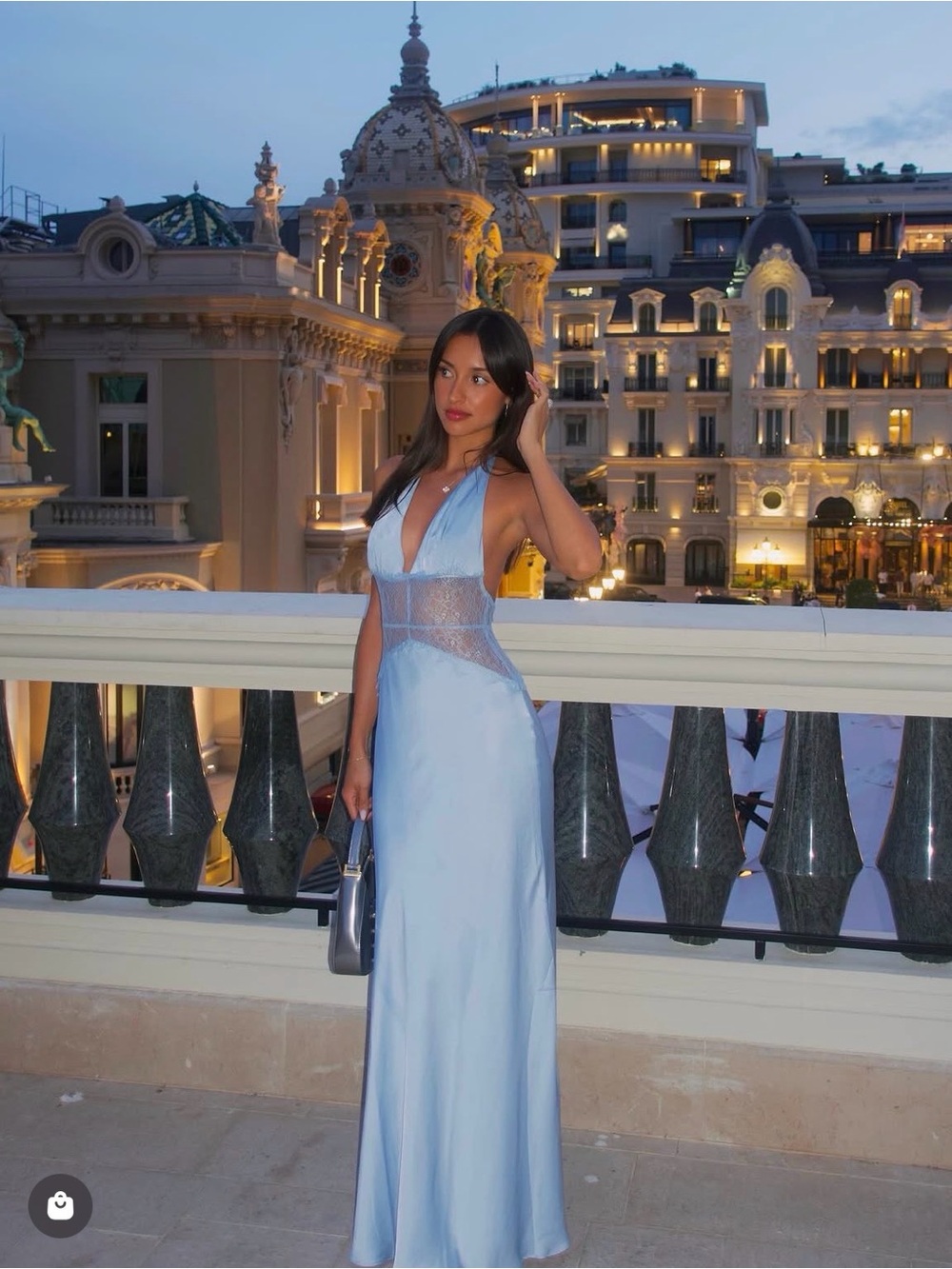Meshki Dinah blue lace satin maxi dress